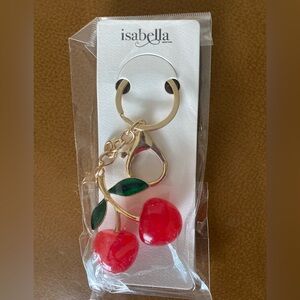 Red Cherries Green Enamel Leaves Dangle Key Chain Purse Backpack Charm Gold New